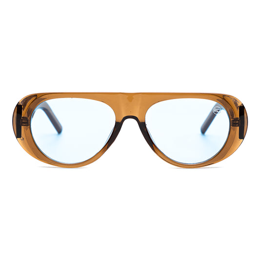 Óculos de sol feminino máscara Rosa Coral Mantova, armação mel e lente azul – estilo sofisticado e proteção UVA e UVB 400 para os olhos.