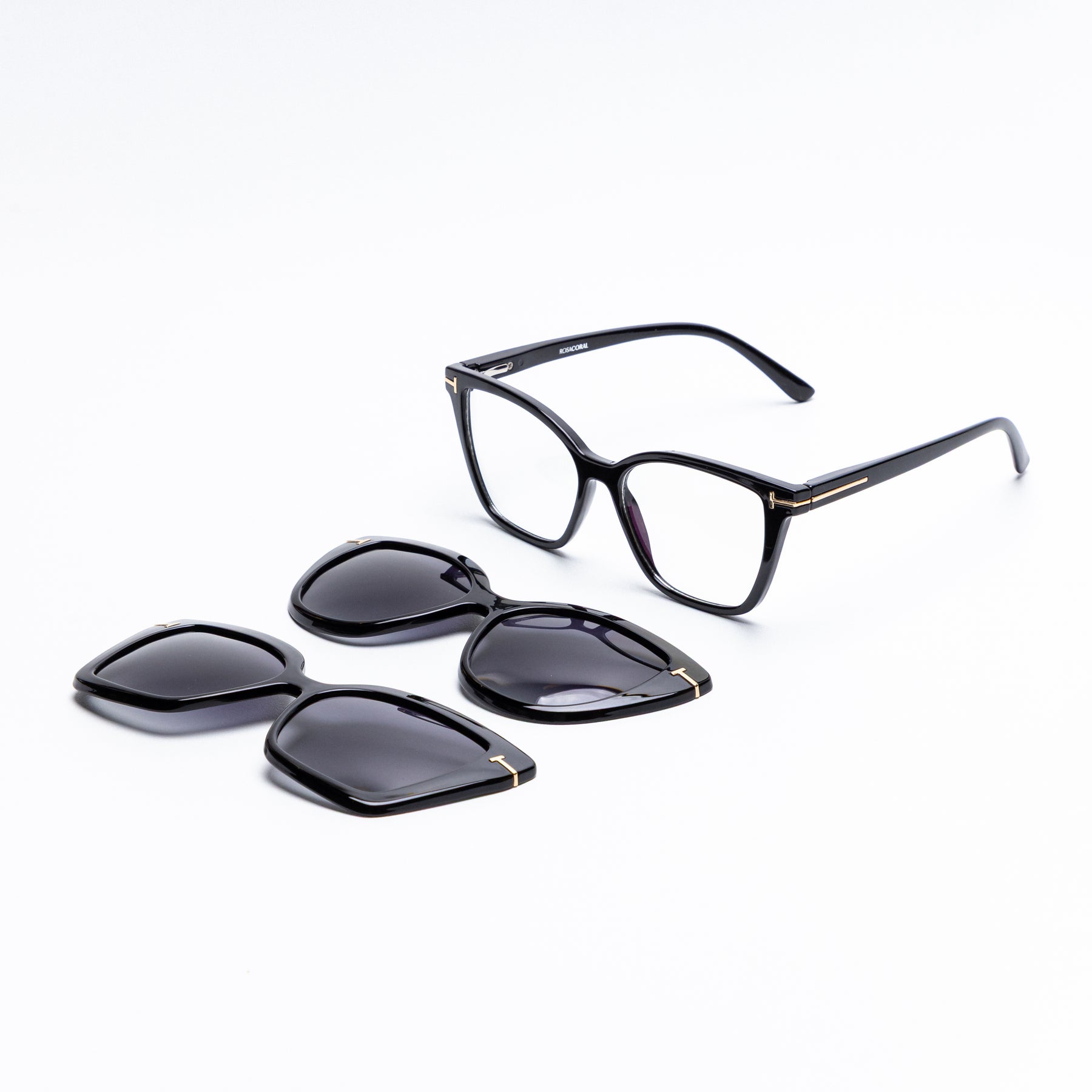 Óculos Clip-On feminino Rosa Coral Barcelona, armação Preta e Clip Cinza – estilo sofisticado e proteção UVA e UVB 400 para os olhos.