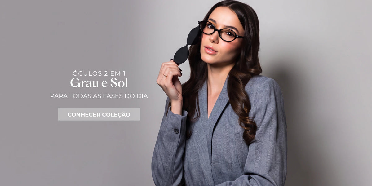 Modelo usando óculos clip-on 2 em 1 feminino da Rosa Coral