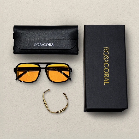 Coral Box Óculos Marino Preto | Laranja + Bracelete Banhado Ouro 18k