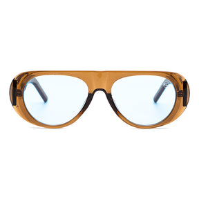 Óculos de sol feminino máscara Rosa Coral Mantova, armação mel e lente azul  – estilo sofisticado e proteção UVA e UVB 400 para os olhos.