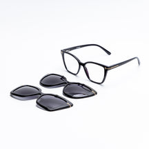 Óculos Clip-On feminino Rosa Coral Barcelona, armação Preta e Clip Cinza – estilo sofisticado e proteção UVA e UVB 400 para os olhos.