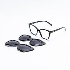 Óculos Clip-On feminino Rosa Coral Barcelona, armação Preta e Clip Cinza – estilo sofisticado e proteção UVA e UVB 400 para os olhos.