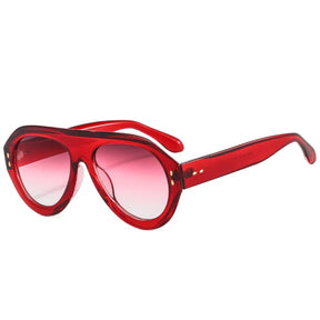Óculos de sol feminino Rosa Coral Miranda, armação Vermelha e lente Lilás – estilo sofisticado e proteção UVA e UVB 400 para os olhos.