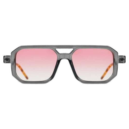 Óculos de sol feminino aviador Rosa Coral Villanova, armação Cinza e lente Rosa – estilo sofisticado e proteção UVA e UVB 400 para os olhos.